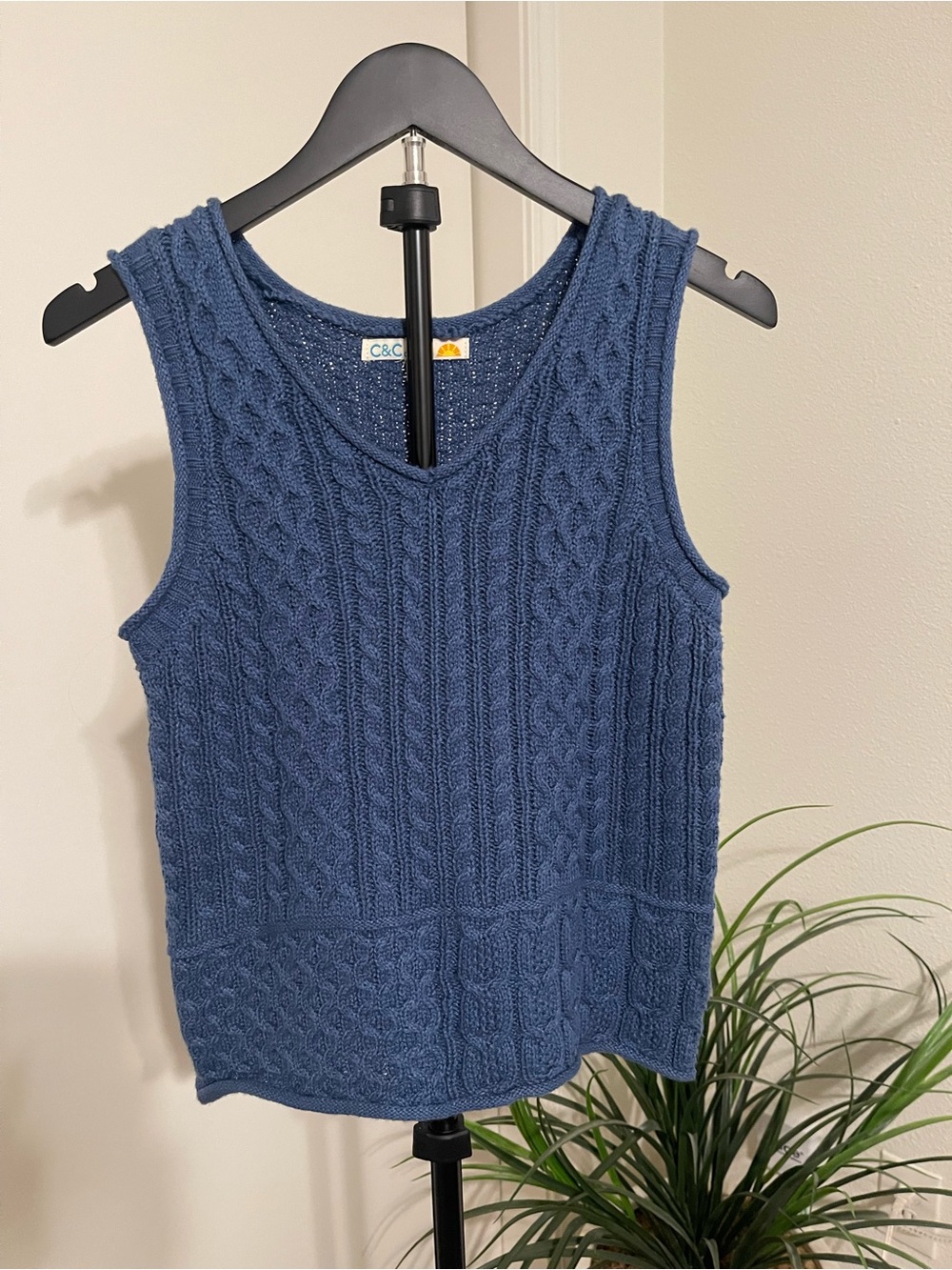 C&C California Dusty Blue Cable Knit V-Neck Sweater Vest